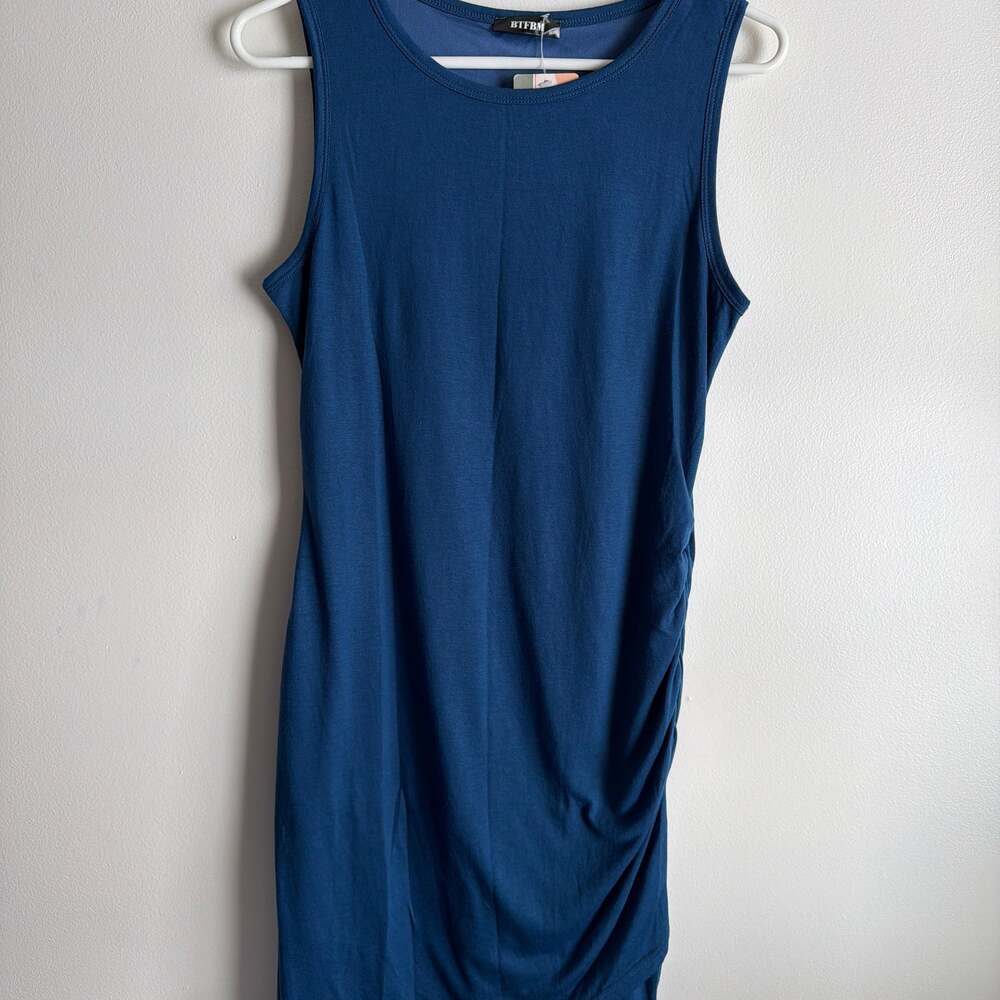 BTFBM Women Crew Neck Ruched Tank Bodycon Mini Dress Blue Size medium